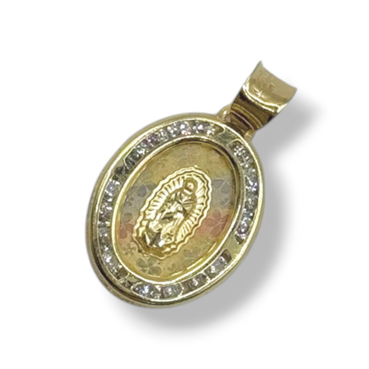 Virgen de Guadalupe Oval Tricolor con Zirconias en Oro 10k