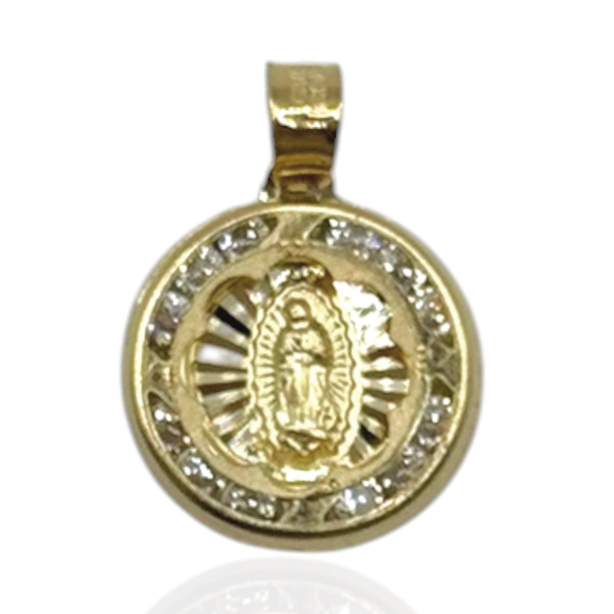Virgen de Guadalupe Redonda con Zirconias Radiante en Oro 10k