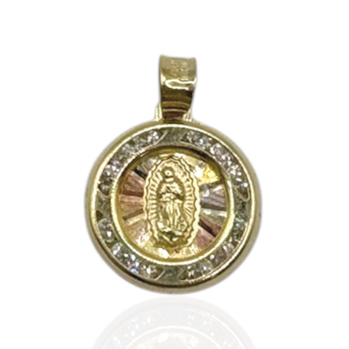 Virgen de Guadalupe Redonda Tricolor con Zirconias en Oro 10k