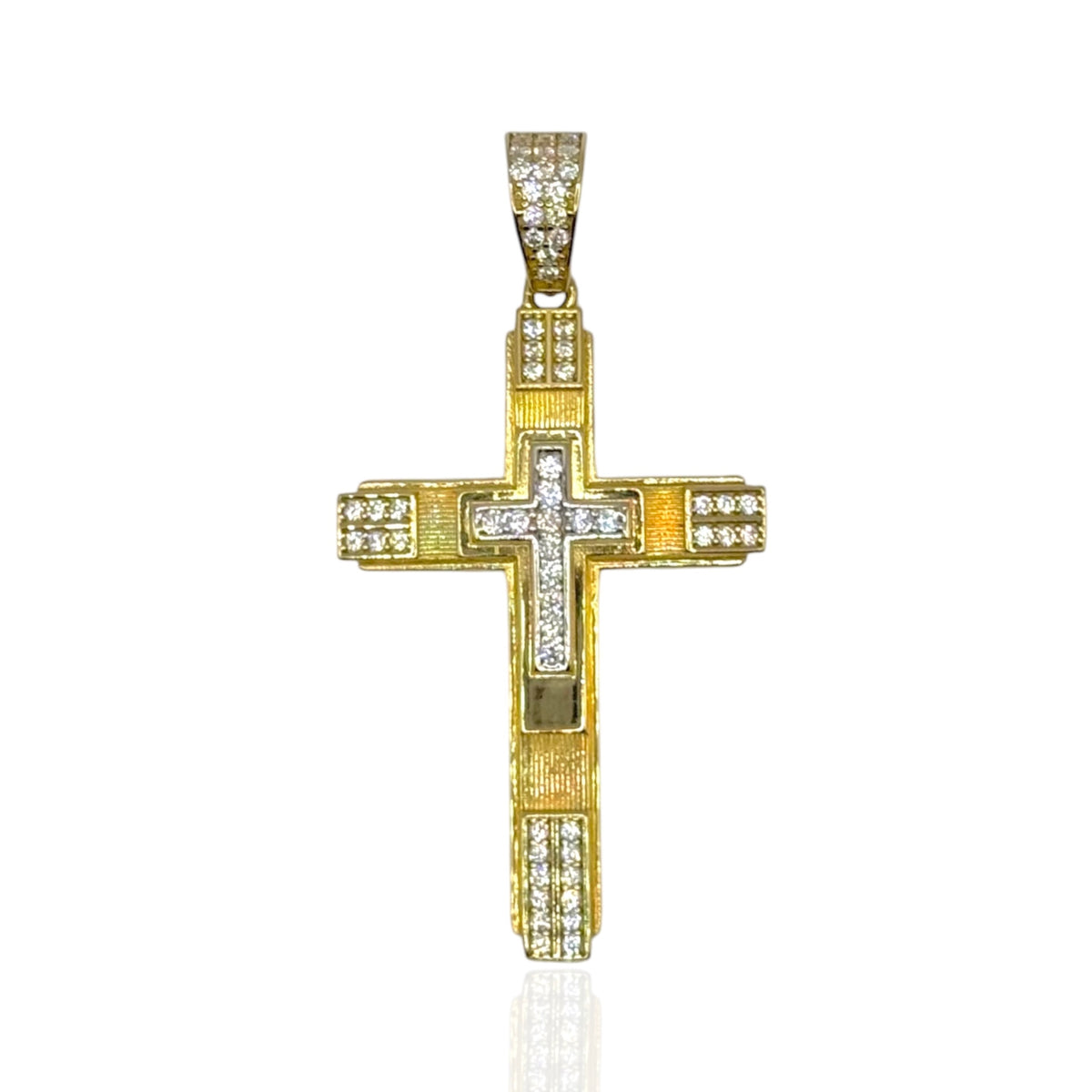 Cruz Rectangular Bicolor con Zirconias en Oro 10k