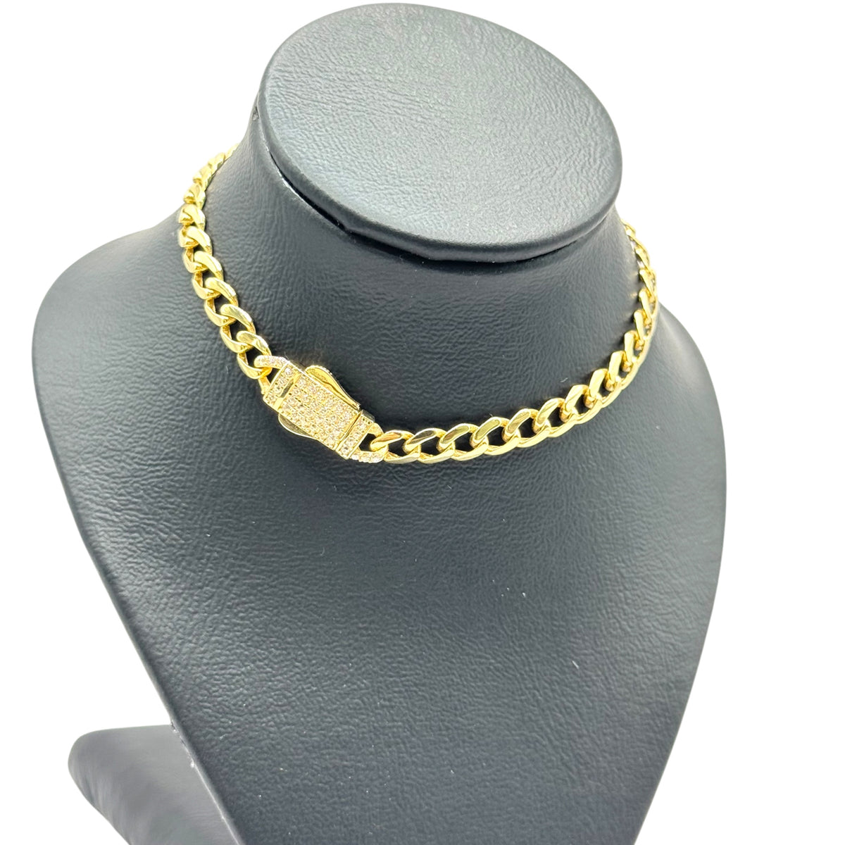 Pulsera Cubana Delgada con Broche de Zirconias en Oro 10k