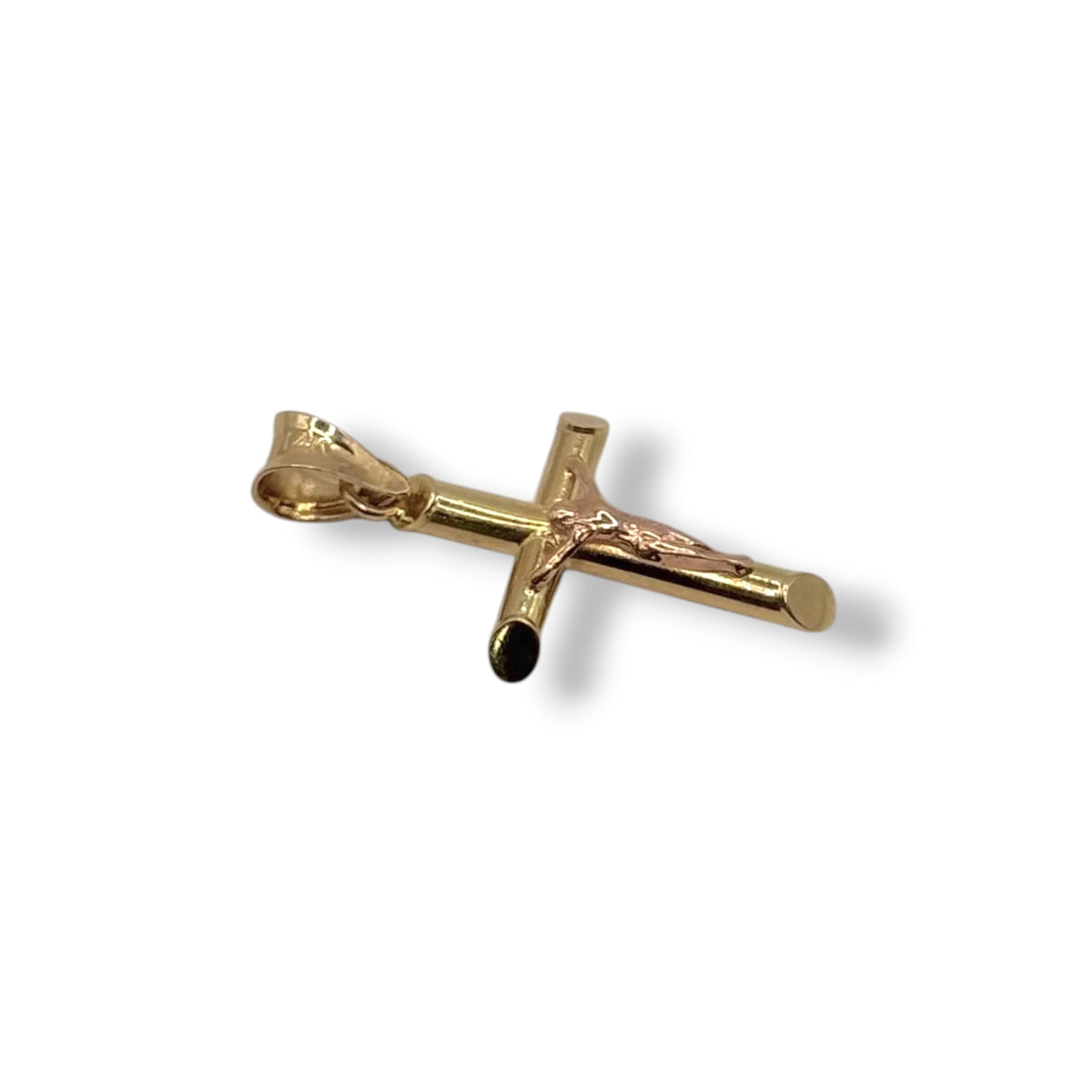 Crucifijo Tubular Tricolor Chico en Oro 14k