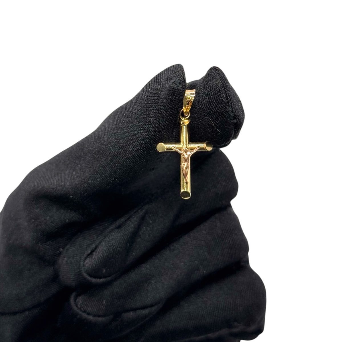Crucifijo Tubular Tricolor Chico en Oro 14k