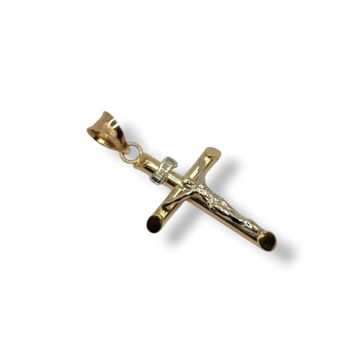 Crucifijo Tubular Bitono Mediano en Oro 14k