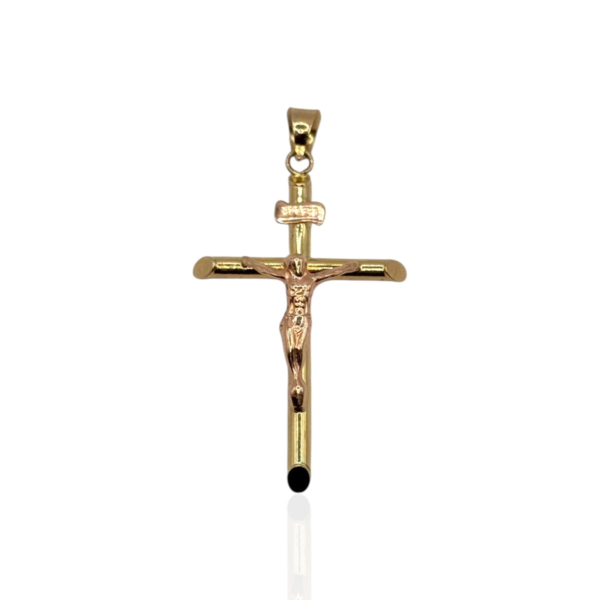 Crucifijo Tubular Bitono Mediano con INRI en Oro 14k