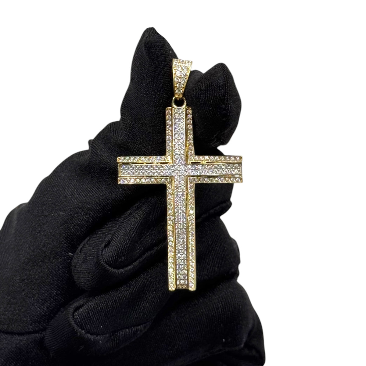 Cruz 3D Doble Pavé en Oro 10k