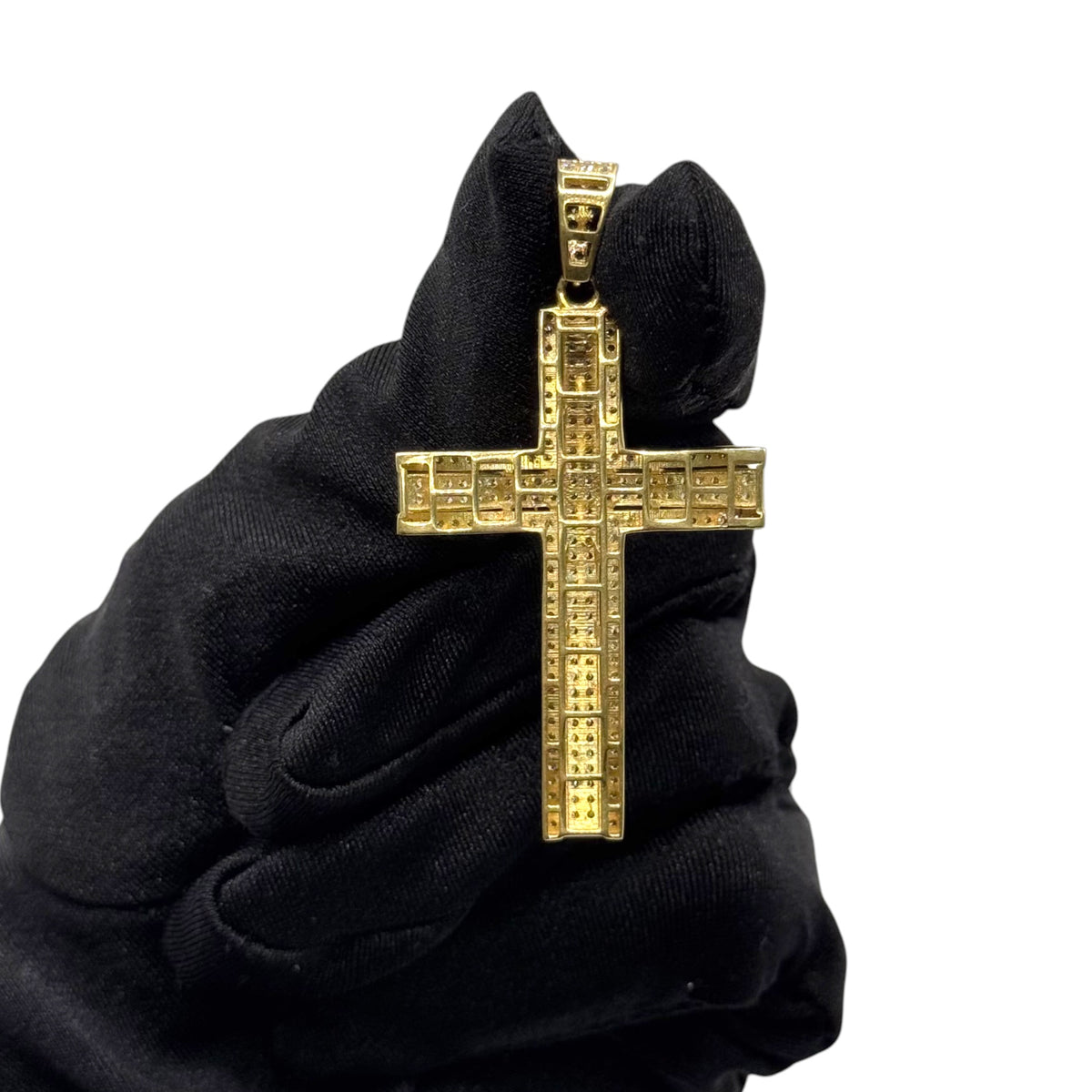 Cruz 3D Doble Pavé en Oro 10k