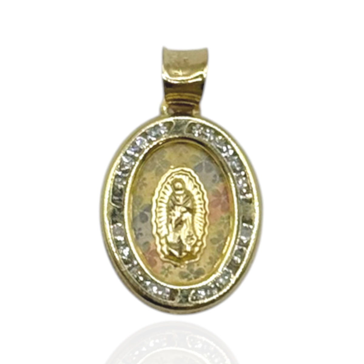 Virgen de Guadalupe Oval Tricolor con Zirconias en Oro 10k