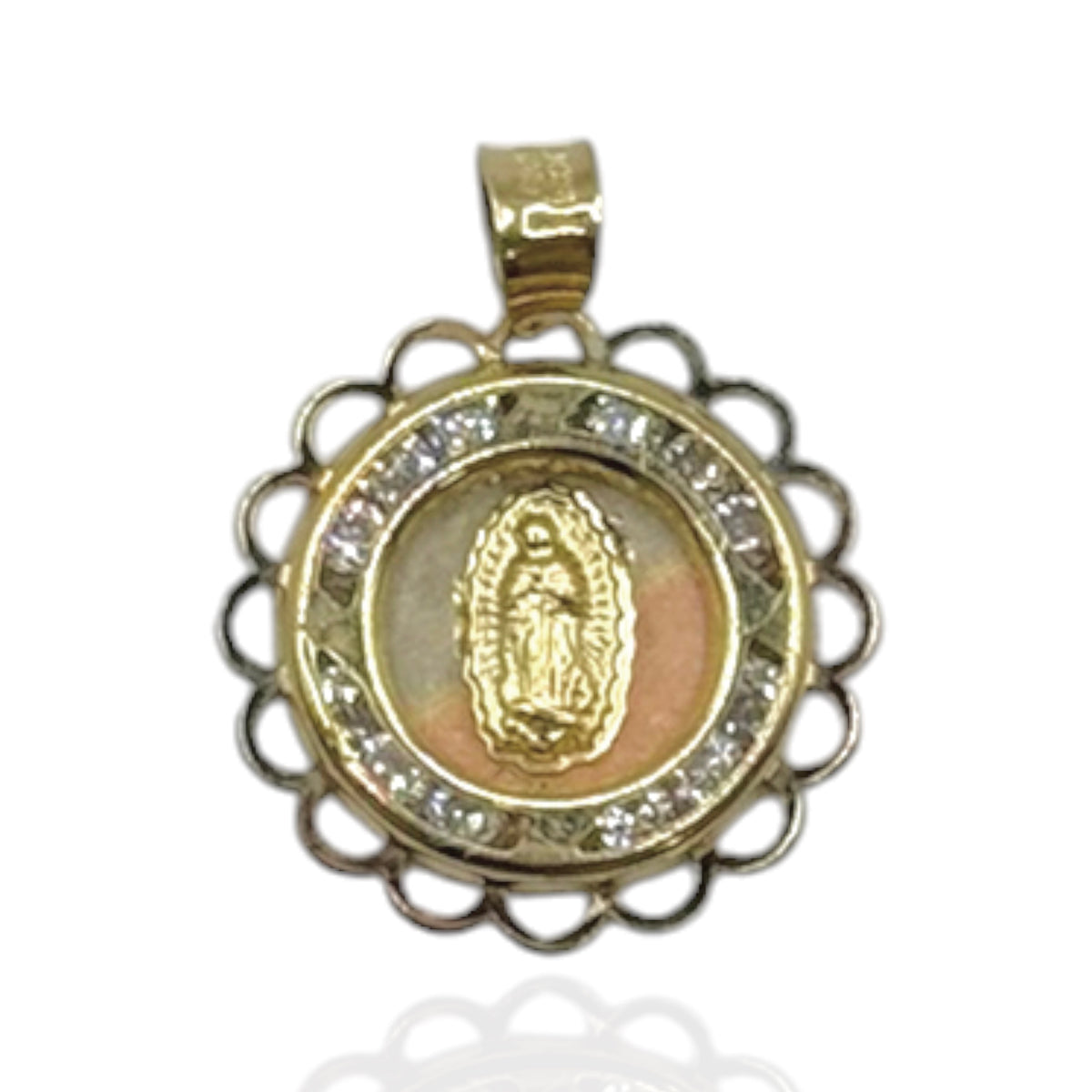Virgen de Guadalupe Calada Tricolor con Zirconias en Oro 10k