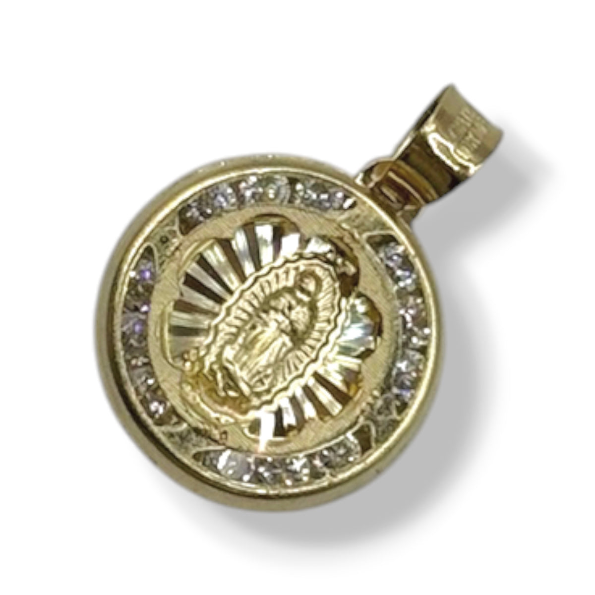 Virgen de Guadalupe Redonda con Zirconias Radiante en Oro 10k