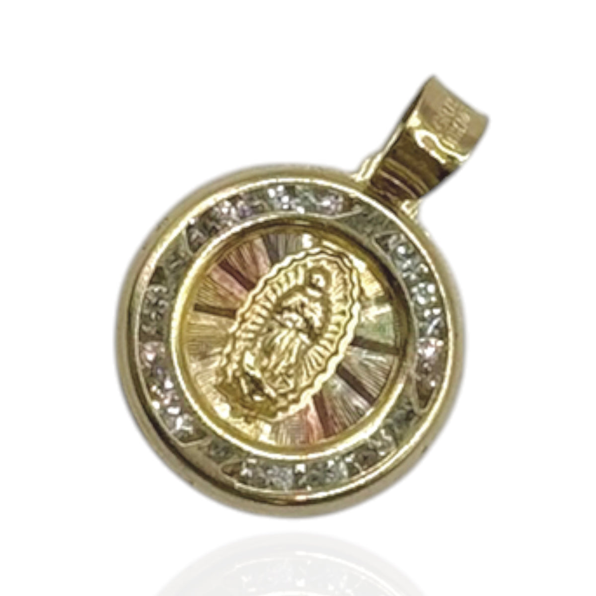 Virgen de Guadalupe Redonda Tricolor con Zirconias en Oro 10k