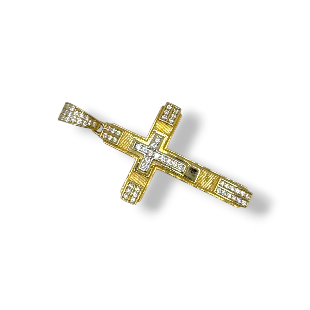 Cruz Rectangular Bicolor con Zirconias en Oro 10k
