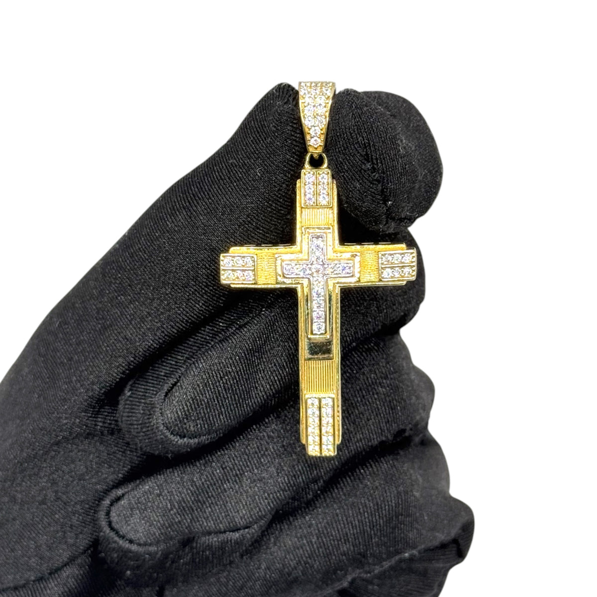 Cruz Rectangular Bicolor con Zirconias en Oro 10k