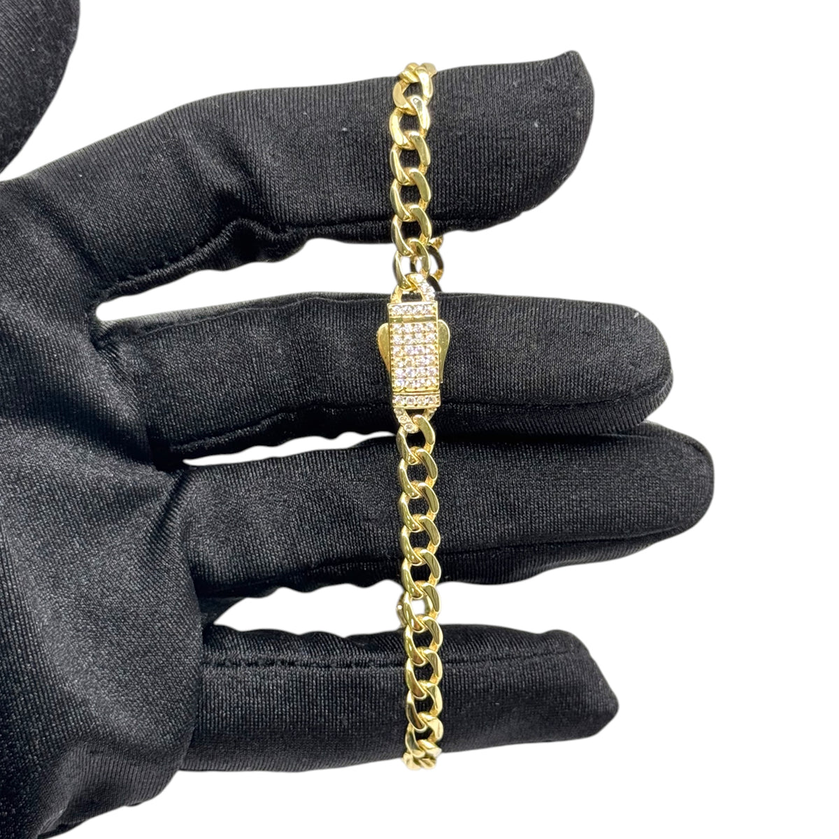 Pulsera Cubana Delgada con Broche de Zirconias en Oro 10k