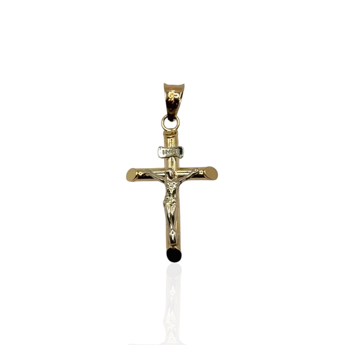 Crucifijo Tubular Bitono Mediano en Oro 14k